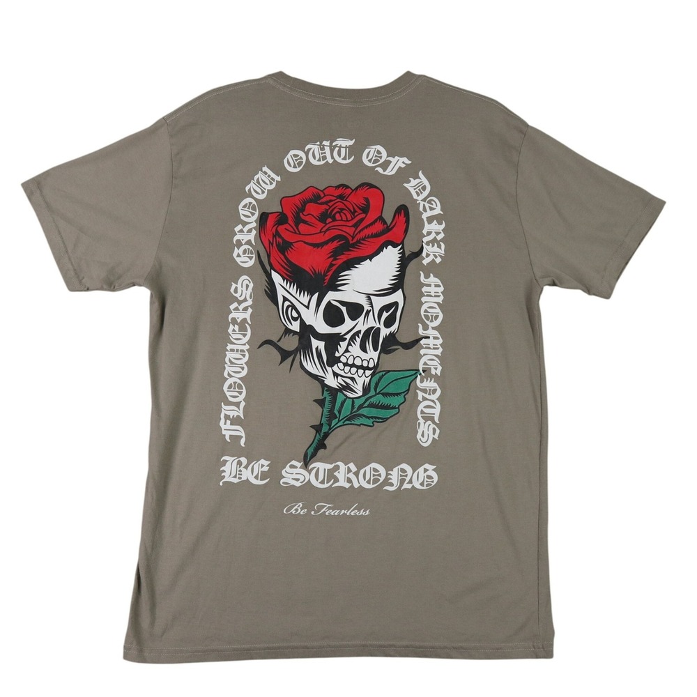 RGSTR Skull Rose Graphic Tee Men L Be Strong Be Fearless Short Sleeve Streetwear
